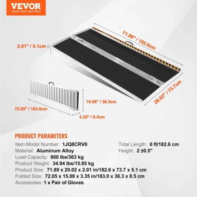 VEVOR Φορητή Ράμπα Αμαξιδίου, 6 ft, 800 lbs, Αντιολισθητική Αλουμινίου, Πτυσσόμενη για Σκάλες & Σκαλοπάτια  ZDKMJPD72YC1JQ8CRV0