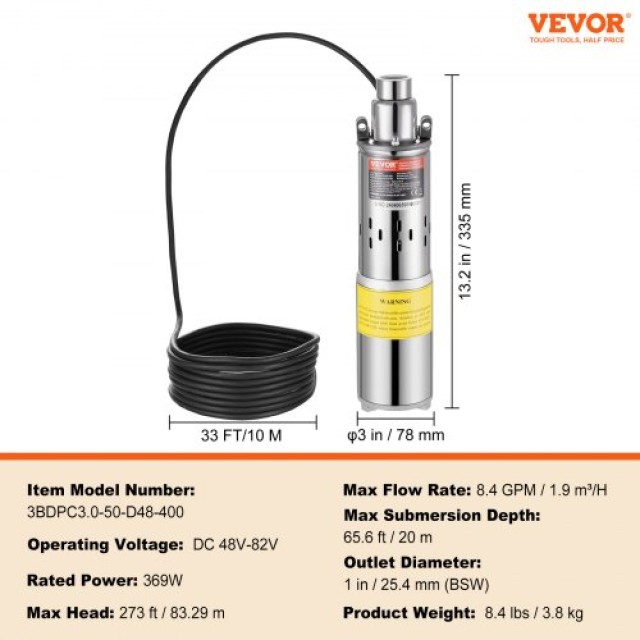 Ηλιακή Αντλία Νερού VEVOR 48V DC 369W Υποβρύχια για Πηγάδι  TYNSB370W84GEGWR5V9