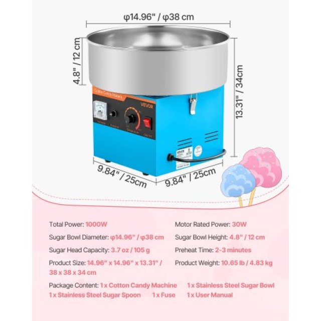 VEVOR Ηλεκτρική Μηχανή Μαλλιού της Γριάς 1000W Μπλε TSXXHMHTJLSWPV2...