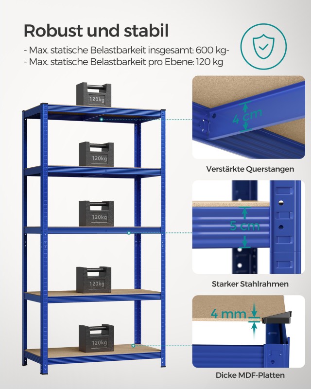 SONGMICS Βαρέως Τύπου Ραφιέρα 5 Επιπέδων 50 x 100 x 200 εκ,  Μπλε, ...