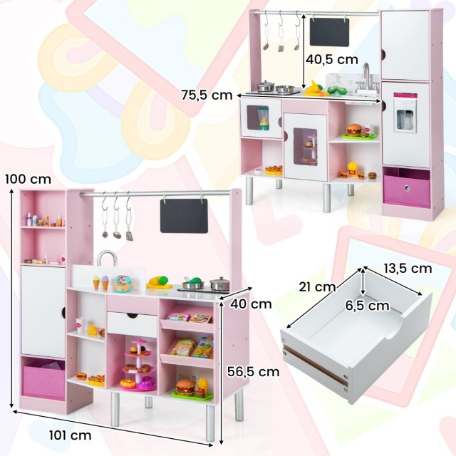 Costway  Διπλής Όψης Παιδική Κουζίνα & Αγορά 2-σε-1 με 82 Αξεσουάρ ...