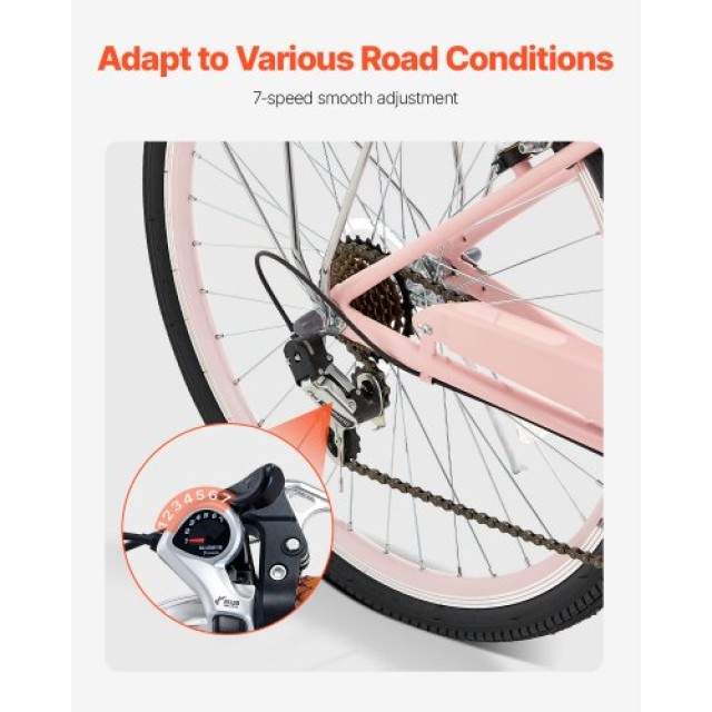 VEVOR 26-Ιντσών Ροζ Ποδήλατο Cruiser 7-Ταχυτήτων με Καλάθι GK26INCH...