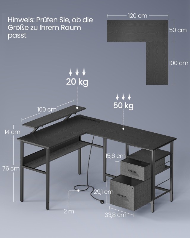VASAGLE Γραφείο Γωνιακό με Ράφι & LED, 2 Συρτάρια, 2 USB, Μαύρο 