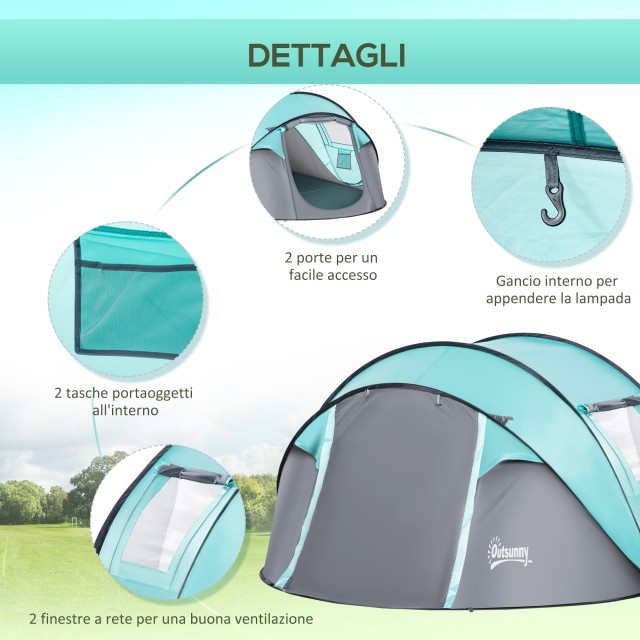 Σκηνή Κάμπινγκ 4 ατόμων Dome, Automatic Pop-Up Igloo Tent, 286x209x122cm, Γαλάζιο A20-261