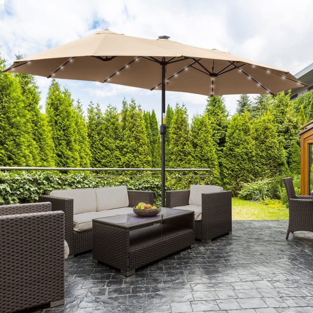 Outsunny Double Parasol Garden 4,5m με 48 LED φώτα και μανιβέλα, Χακί 84D-178KK