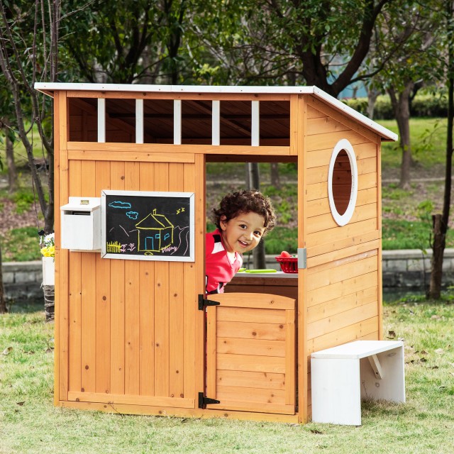 Outsunny Outdoor Ξύλινο Playhouse με Πόρτα, Παράθυρα, Πάγκος, Γλάστρα φυτών 122x108x135,5cm Κίτρινο 345-022