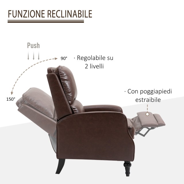 HOMCOM Manual Ανακλινόμενη Πολυθρόνα Relax σε καφέ δερματίνη 833-969