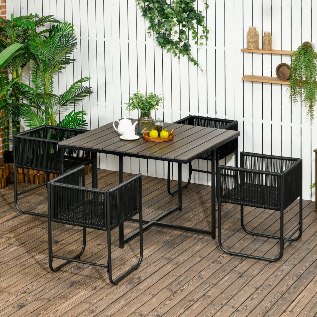 Outsunny Σετ κήπου 5 τεμαχίων PE Rattan and Steel, 4 καρέκλες εξωτερικού χώρου με μαξιλάρια και ορθογώνιο τραπέζι 861-061V00GY