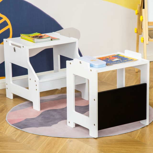 Qaba Montessori 2 σε 1 Αποσπώμενη σκάλα MDF, με σκαμπό, Περιλαμβάνεται μαυροπίνακας, για παιδιά 3-6 ετών, λευκό 312-052