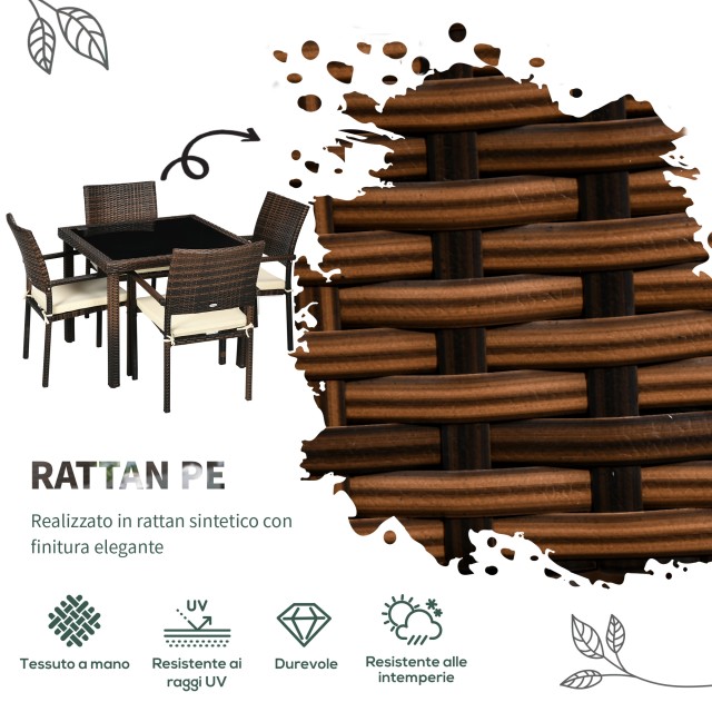 Outsunny 5 τεμαχίων PE Rattan σετ τραπεζαρίας εξωτερικού χώρου, γυάλινο τραπέζι κήπου και 4 καρέκλες με μαξιλάρια, καφέ 861-062V00MB