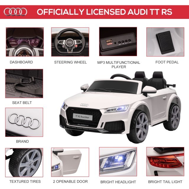 HOMCOM Ηλεκτρικό αυτοκίνητο για παιδιά 3-5 ετών AUDI TT με τηλεχειριστήριο, ανοιγόμενες πόρτες και προβολείς LED, λευκό 370-079V90WT