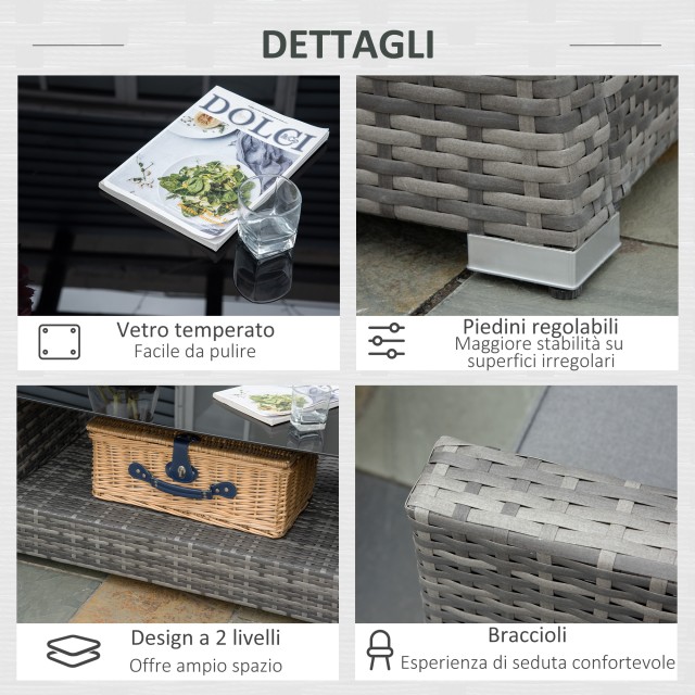 Outsunny 4-Pece PE Rattan Garden Lounge με γωνιακό καναπέ και τραπεζάκι σαλονιού με ποτήρι, γκρι 860-189