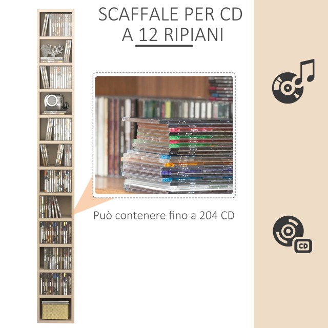 Ντουλάπι για CD HOMCOM με 12 ράφια για 204 CD, σε MDF και μοριοσανίδα, 21x20x175 cm, χρώμα ξύλου 833-135