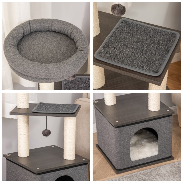 PawHut Cat Scratching Post Tree with House, Bed and Sisal Posts, 40x40x104cm, Γκρι D30-443