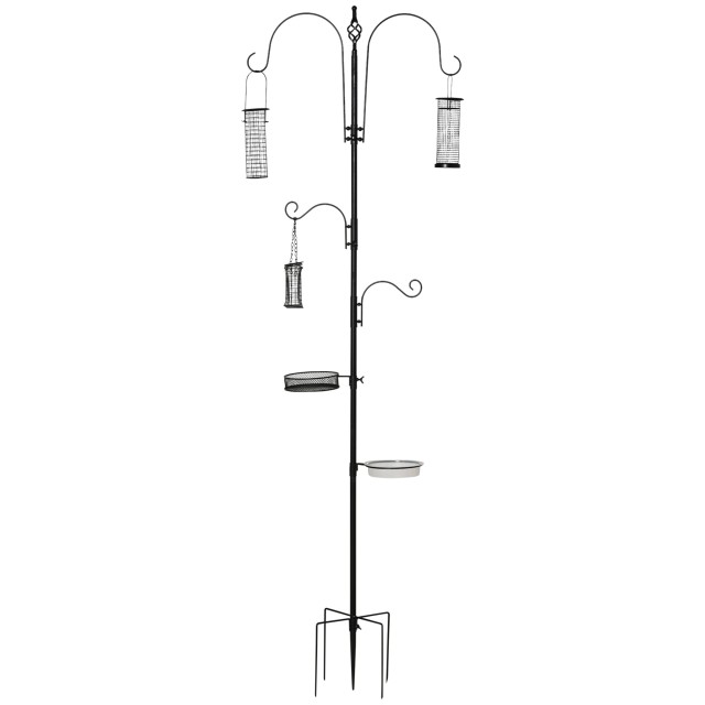 PawHut Bird Feeder με 4 γάντζους με δίσκους και 3 διαφορετικούς τροφοδότες σε ατσάλι 54,5x54,5x208cm Μαύρο D11-007