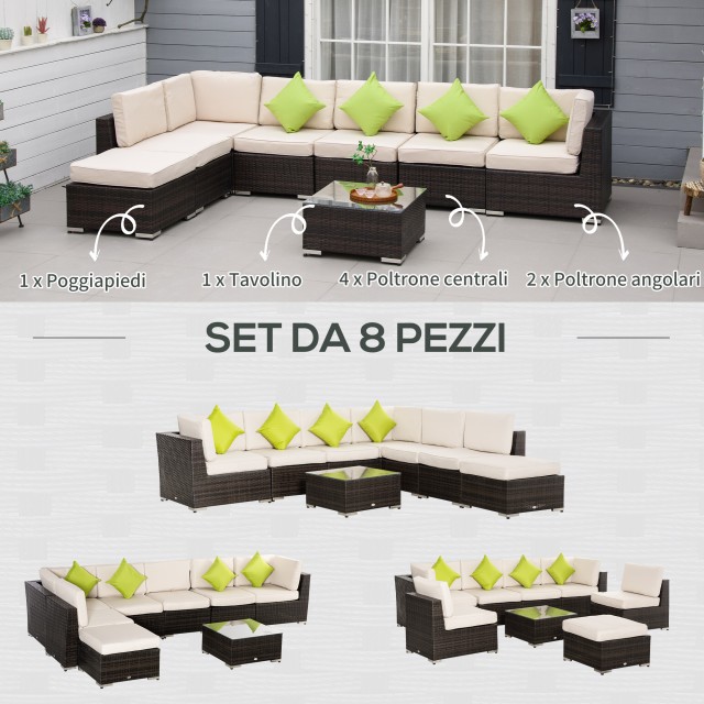 Outsunny Garden Lounge με 8 αρθρωτά τεμάχια από μπαστούνι, αλουμίνιο και σκληρυμένο γυαλί, πολύχρωμο 860-096V01