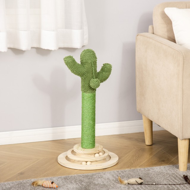 PawHut Cactus Scratching Post για γάτες, σχοινί σιζάλ και βάση με ξύλινες μπάλες, 32x32x60cm D30-453