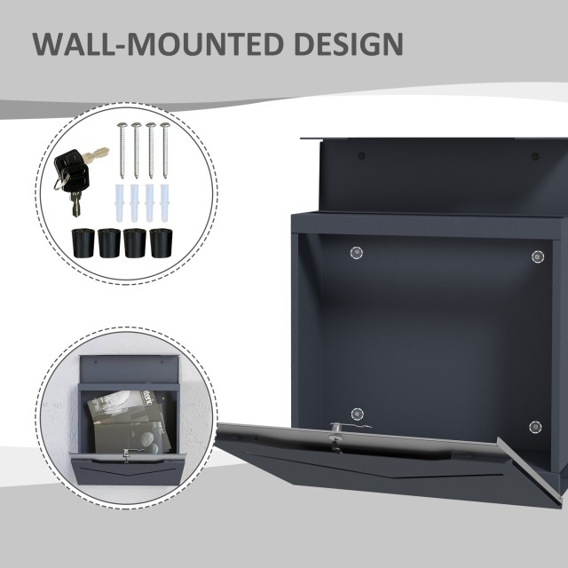 HOMCOM Steel Mailbox με 2 κλειδιά ασφαλείας, V-Slot και Drainage Hole, 37x10,5x37 cm, Γκρι B80-013V00CG