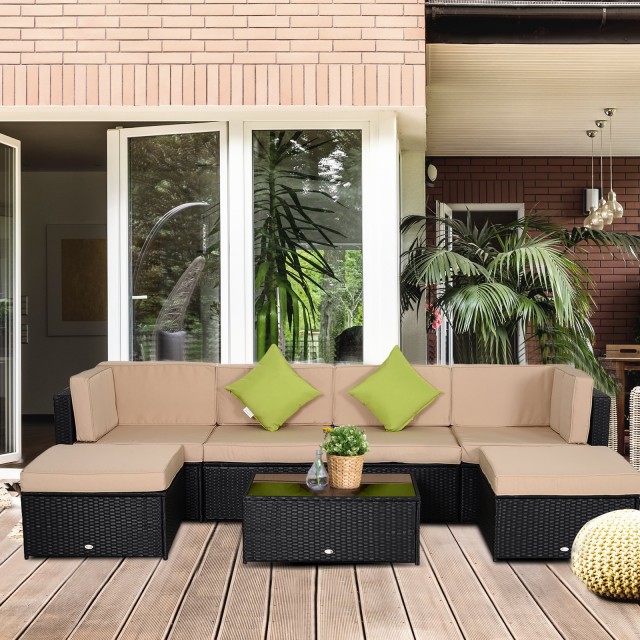 Outsunny Garden Lounge σε PE Rattan 7 τεμαχίων με καναπέ πουφ Τραπεζάκι σαλονιού μαύρο με χακί και πράσινα μαξιλάρια 860-002V02