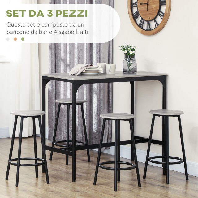 HOMCOM Σετ Τραπεζαρίας 5 Τεμαχίων με Μπάρα 110x50x89.5 εκ. και Σκαμπό Ø30x60.5 εκ. από Ξύλο και Μέταλλο Γκρι και Μαύρο 835-890V00GY