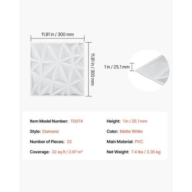 VEVOR Πάνελ Τοίχου 3D 33-Τεμαχίων 11.81x11.81 PVC 32 Τ.Π. Κάλυψη Διαμάντι Λευκό PVC3DQBXDYSJJBMJ0V0