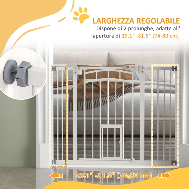 PawHut Dog Gate για Μικρά και Μεσαία Μεγέθη με Αυτόματο Κλείσιμο, σε Ατσάλι και PA, 74-100x76 cm, Λευκό D06-212V01WT