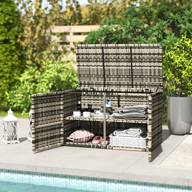 Outsunny Εξωτερικό μπαούλο 350L με 2 επίπεδα και αεροπίστονα, από PE Rattan και ατσάλι, 118x57x69 cm, Γκρι 865-031V00GG