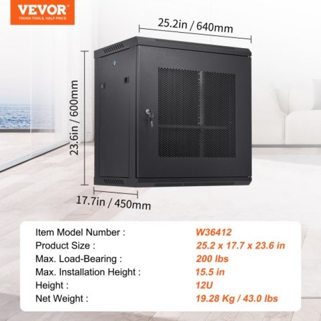 VEVOR 12U Επιτοίχιο Δικτυακό Ντουλάπι, 15.5 Βάθος, 200 lbs Φορτίο, με Κλειδαριά  WLJJWZB12U155GP35V0