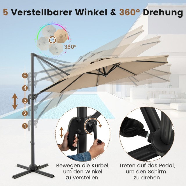 Costway Μεγάλος Μπεζ Περιστρεφόμενος Κρεμαστός Κήπος Ομπρέλα με Μαν...