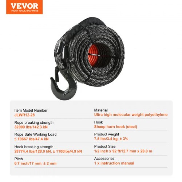 Συνθετικό Σχοινί Βίντσι VEVOR 1/2 x 92 32,000 lbs με Προστατευτικό Κάλυμμα + Γάντζο + Ιμάντα, Κατάλληλο για SUV, Οχήματα Εκτός Δρόμου, Φορτηγά  HCJPSJYX12IN5PYEKV0