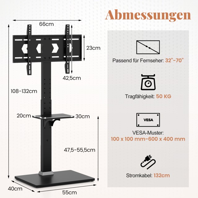 Costway Ρυθμιζόμενος TV Σταντ για 32-70 ίντσες, έως 45 KG με 2 Πρίζ...