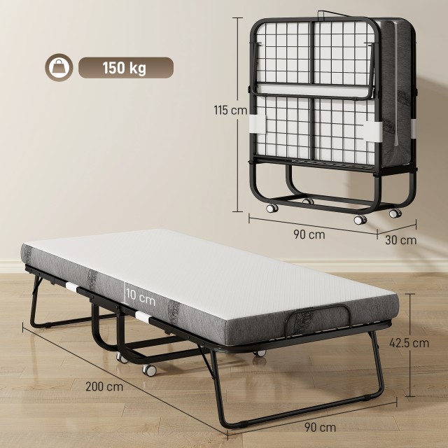 HOMCOM Μονό Αναδιπλούμενο Κρεβάτι 90x200 cm με Στρώμα Πάχους 10 cm,...