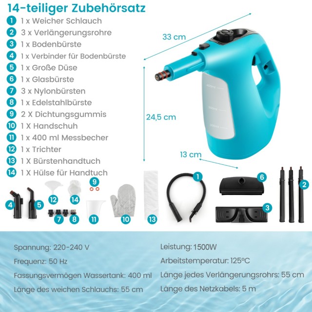 Costway  Καθαριστής Ατμού 1500W με Δοχείο 400 ML Θερμοκρασία έως 12...