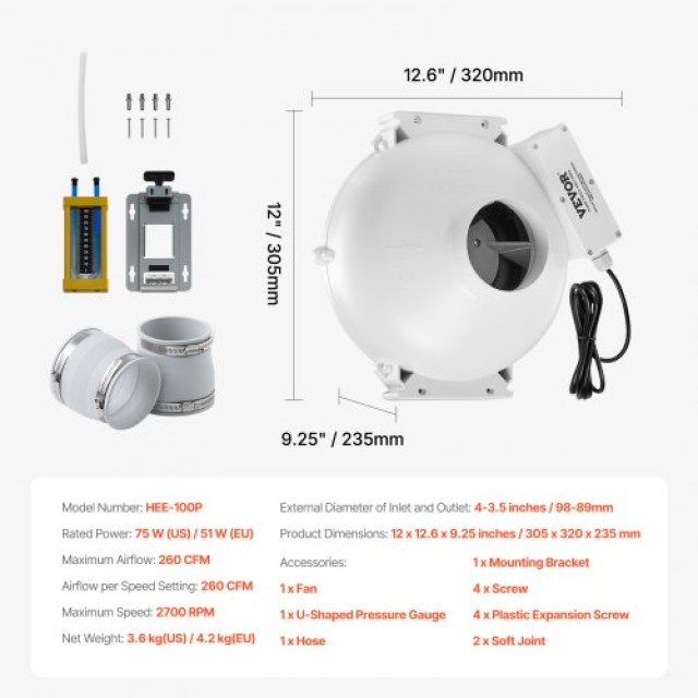 VEVOR  Σύστημα Ανεμιστήρα Ραδονίου 260 CFM 4 σε 3.5  DFSTJ4INCH267V2HBV2
