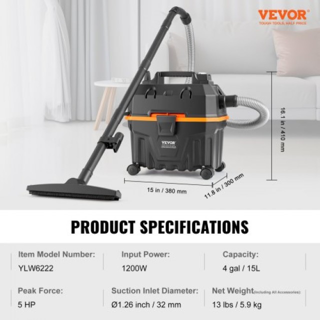 VEVOR Υγρού/Ξηρού Σκούπα 15L 5 HP με Ακροφύσια Μαύρη  SYGSZKXCQ15LJTZBFV2