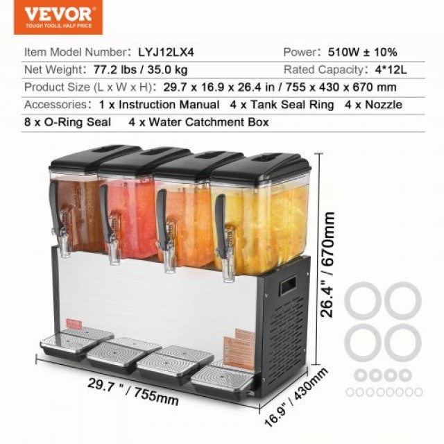 VEVOR  Εμπορικός Διανομέας Ποτών 12L x 4 Δεξαμενές Κρύου Χυμού SYYLJJBSJXS1YI25UV2