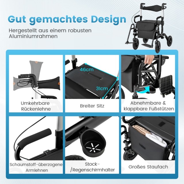 Costway Πτυσσόμενος Ελαφρύς Rollator με Φουσκωτούς Τροχούς και Κάθισμα 2 σε 1 Μαύρος JH10028BK