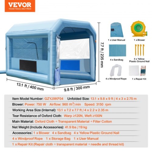 Φουσκωτό Θάλαμο Βαφής VEVOR, 4x3x2.7μ, με Φυσητήρα 750W και Φίλτρο Αέρα  C13109FT3750WIIEBV2