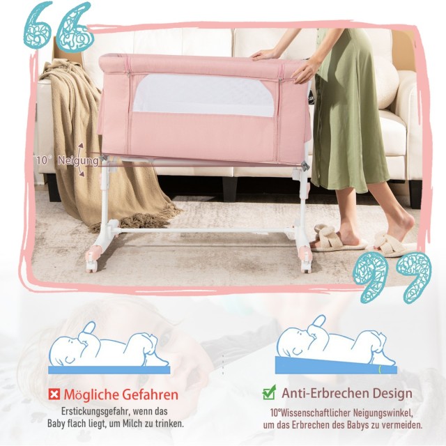 Costway Πολυλειτουργικό Βρεφικό Κρεβάτι 3 σε 1 Ροζ - Ρυθμιζόμενο σε...