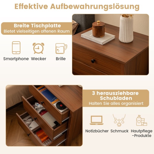Costway  Κομοδίνο με Τρεις Συρτάρια για Boxspring Κρεβάτι, σε Διάστ...