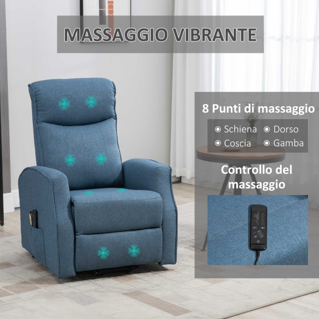 Πολυθρόνα HOMCOM Lift Relax με 8 σημεία μασάζ, ανάκλιση 135° και 2 τηλεχειριστήρια, μπλε 700-106V90BU