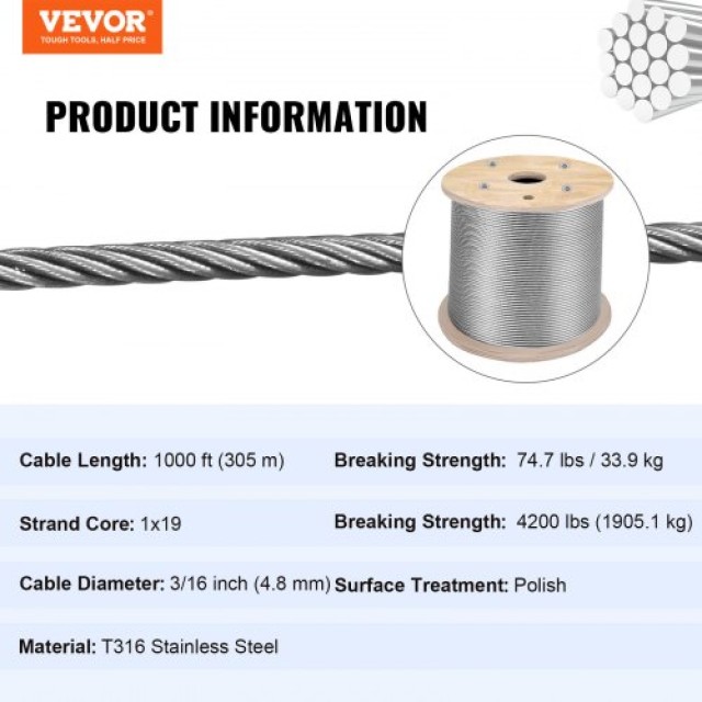 Ανοξείδωτο Καλώδιο VEVOR 3/16x1000ft T316 για Κάγκελα & DIY Εφαρμογ...