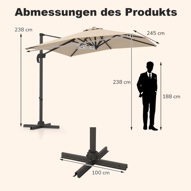 Costway Ορθογώνια Ομπρέλα Κρεμαστή 250 x 250 cm με Μανιβέλα Μπεζ NP11553MS