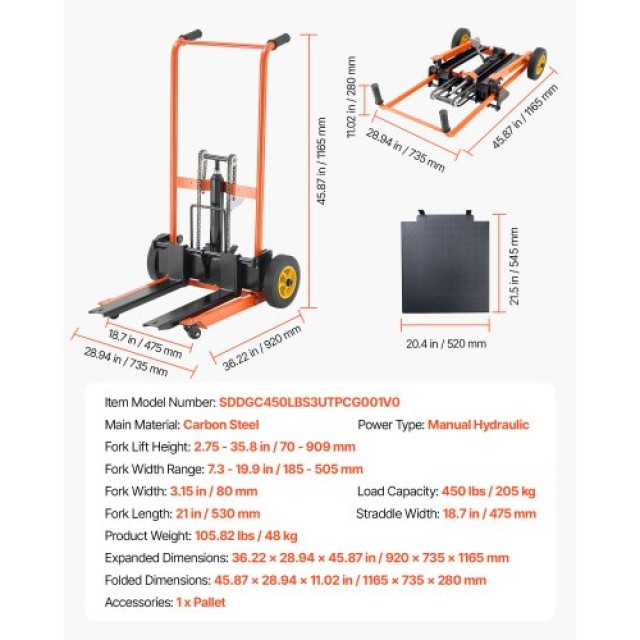 VEVOR Ανυψωτικός Χειροκίνητος Στοίβακας 450 lbs Καρότσι-Παλαντέζα 3...
