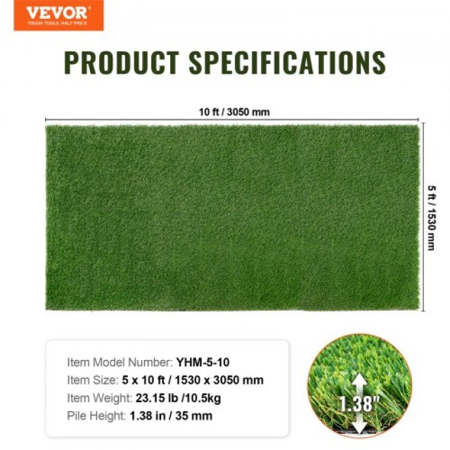 VEVOR Τεχνητό Γκαζόν 5x10 ft, Πράσινο Χαλί 1.38, Εύκολο Καθάρισμα με Οπές Αποστράγγισης, Ιδανικό για Πολλαπλές Χρήσεις  RZCP1J5X10FTT9UHYV0