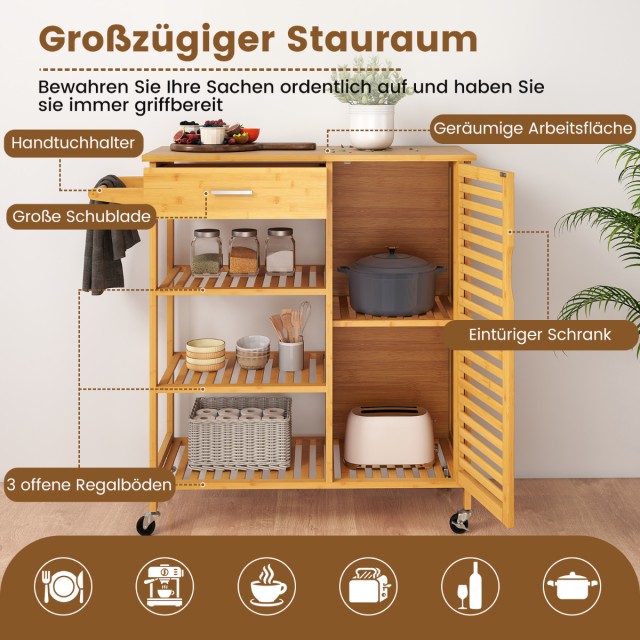 Costway Φυσικός Μπαμπού Τροχήλατος Κουζίνας με Συρτάρι και Ράφια KC...