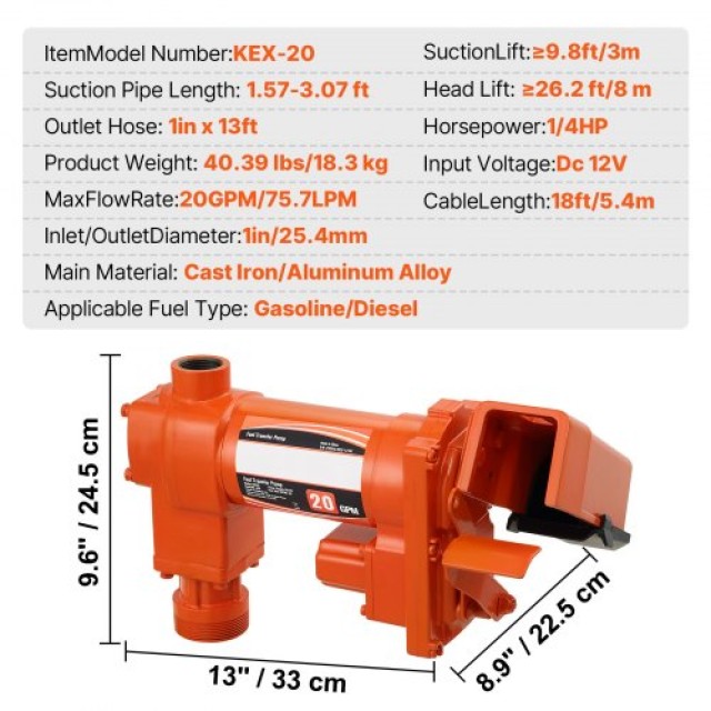 VEVOR Αντλία Μεταφοράς Καυσίμου 12V DC 20 GPM με Αυτόματο Ακροφύσιο...
