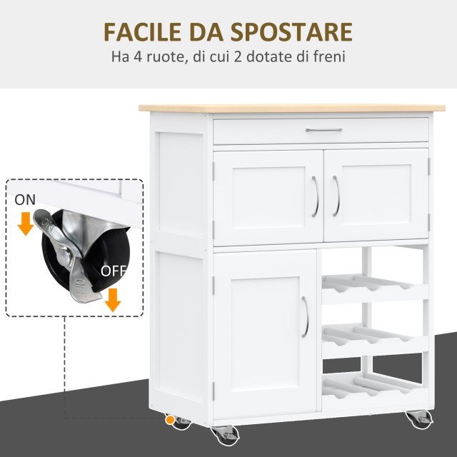 HOMCOM White Wood Kitchen Cart food with Bottle Rack 1 συρτάρι και ...