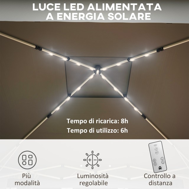Κιόσκι κήπου ρυθμιζόμενου ύψους με φώτα LED, από ατσάλι και ύφασμα Oxford, 336x336x250-270 cm, Γκρι 84C-483V00WT