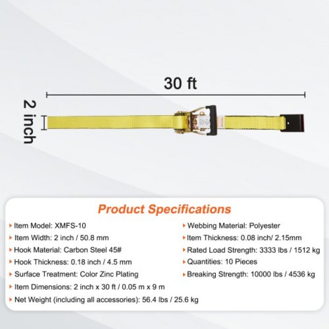 Δέστρες VEVOR Ratchet (10 τεμ), 10000 lb, 2 x 30, για Μεταφορές & Ασφάλιση Φορτίου  PGJLDPG2X30107B63V0